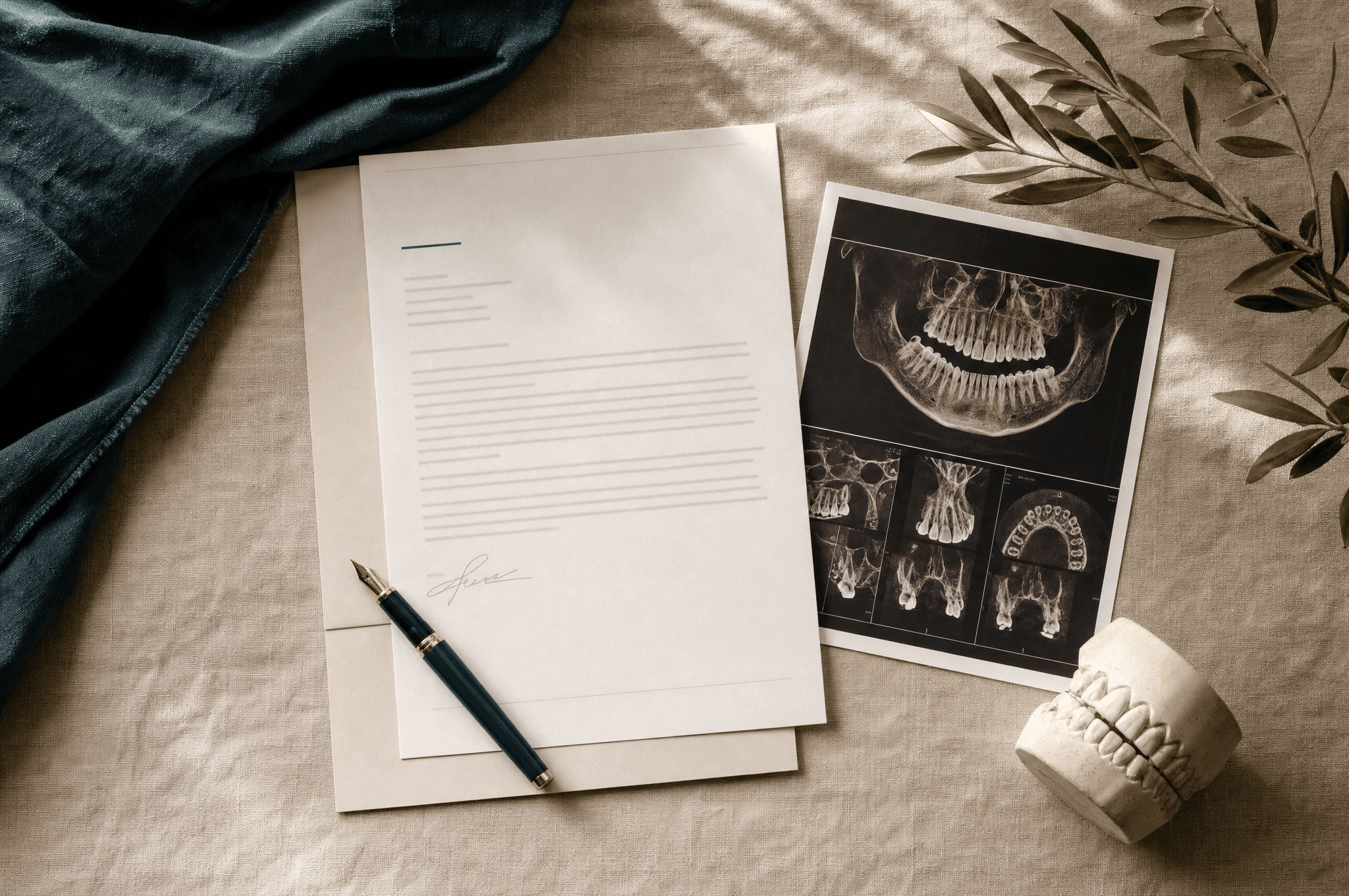 Flatlay verwijsbrief, CBCT-print, vulpen en studiemodel